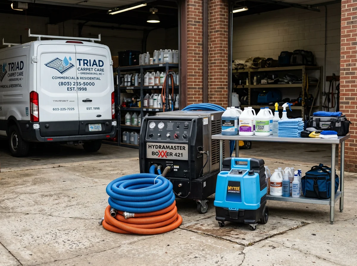 Professional carpet cleaning equipment and supplies ready for service calls.
