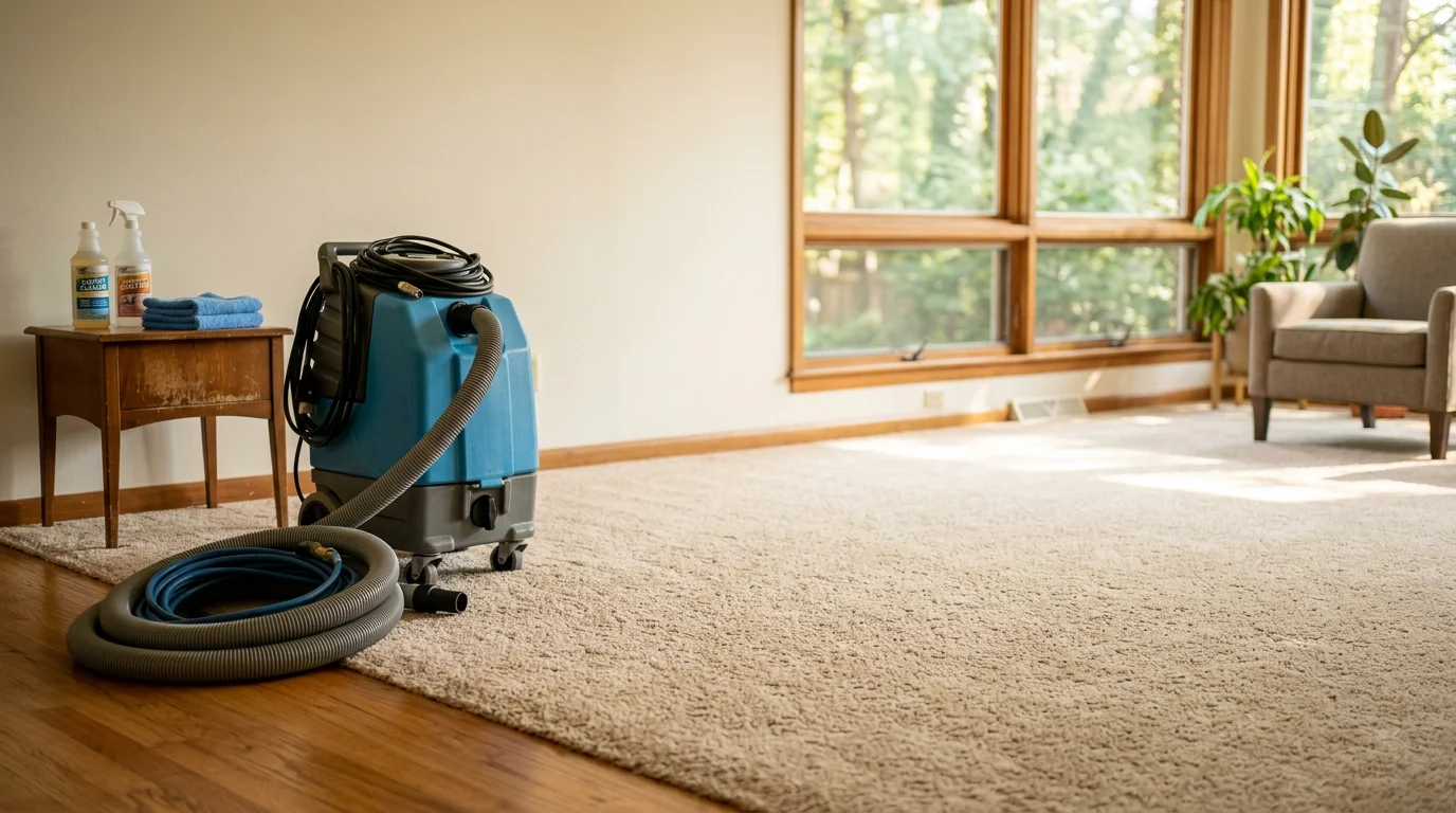 Professional carpet cleaning equipment and technician cleaning residential carpet