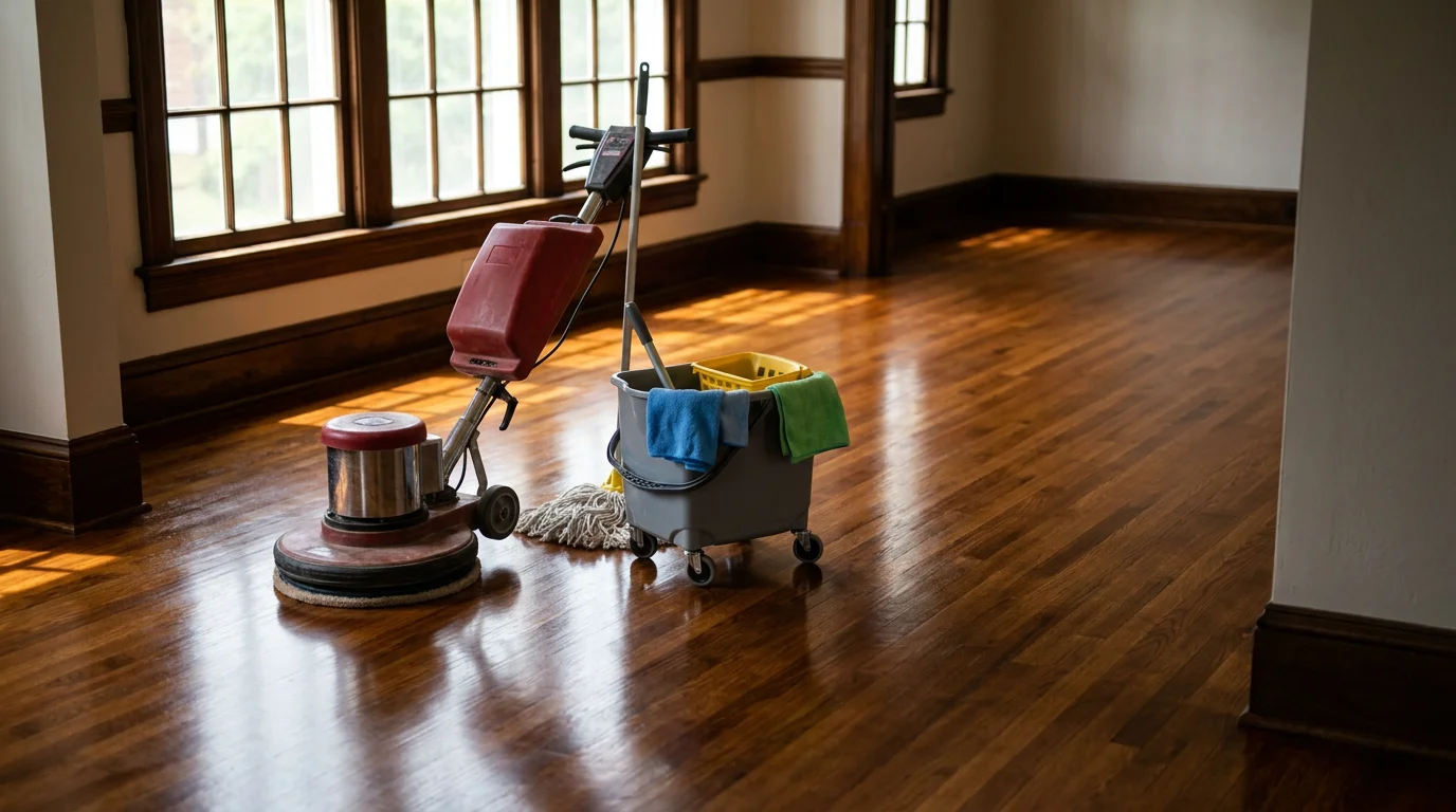 Shiny waxed hardwood floor reflecting light in residential living room