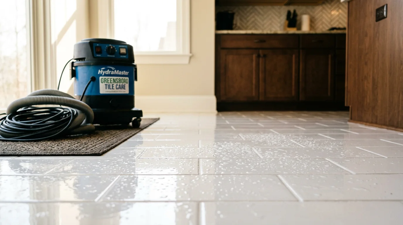 Clean white tile floor with bright grout lines after professional cleaning