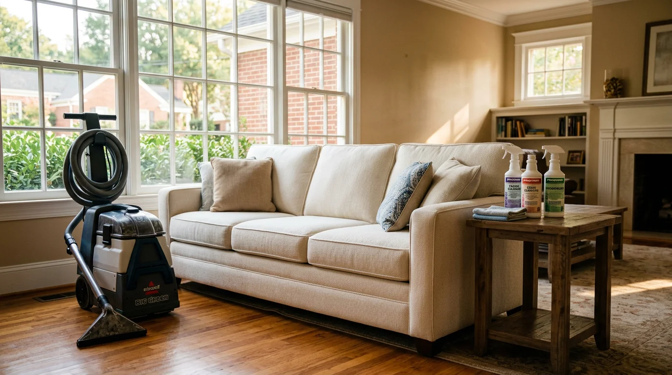 Technician cleaning upholstered couch with professional cleaning equipment