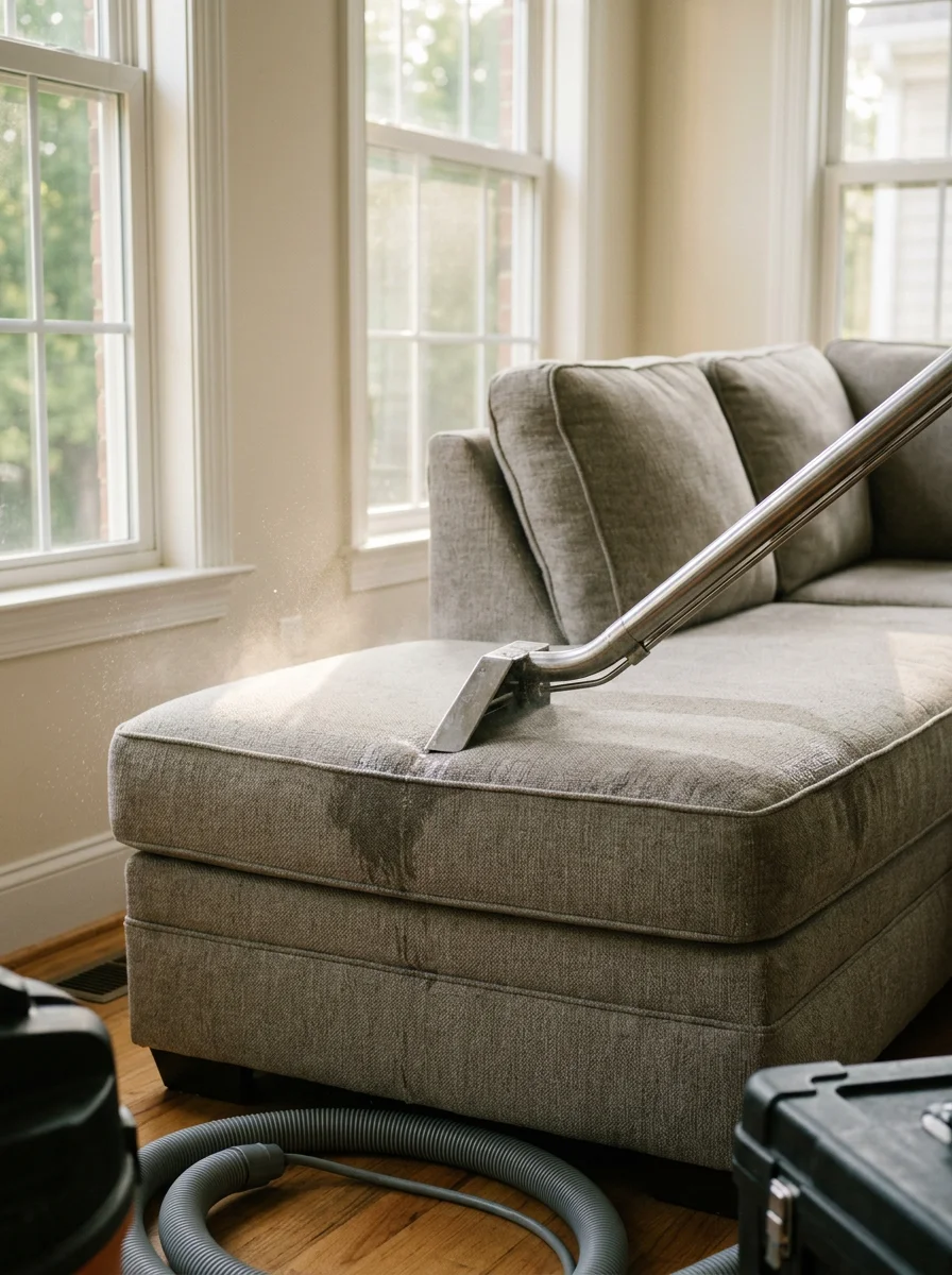 Upholstery cleaning on a fabric sectional sofa in a Clemmons, NC living room, with a cleaning wand working across the cushion surface and natural light coming through large windows.