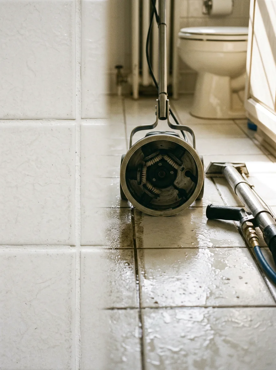 Tile and grout cleaning in progress in a Greensboro, NC bathroom, showing a rotary cleaning tool working across darkened grout lines between white ceramic tiles.