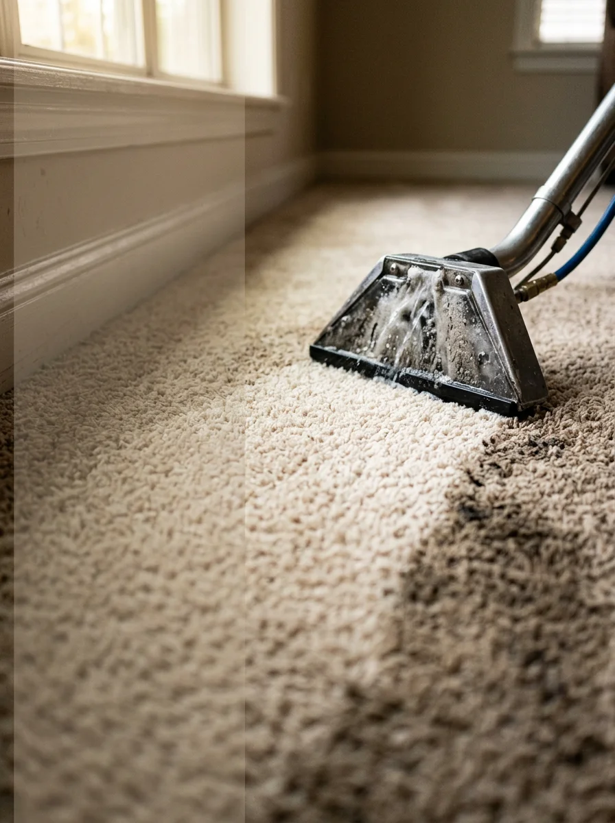 Close-up of a carpet cleaning wand working across a heavily soiled beige carpet in a High Point, NC residential room, showing the before and after contrast on the fiber.