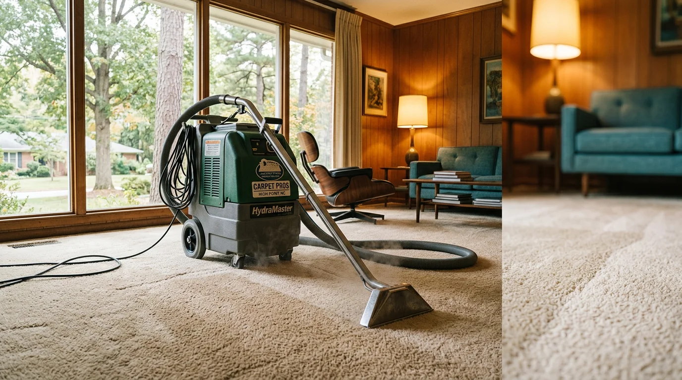 A carpet cleaning technician using hot water extraction equipment on a carpeted living room floor in a mid-century High Point, NC home, with upholstered furniture visible in the background.