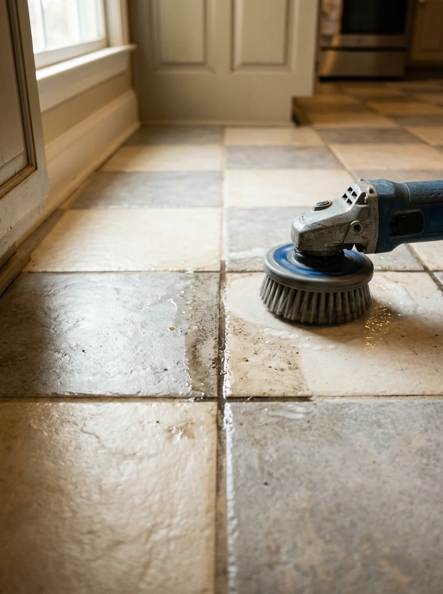 Tile and grout cleaning in a Kernersville, NC kitchen, showing a rotary brush tool working across darkened grout lines between ceramic floor tiles.