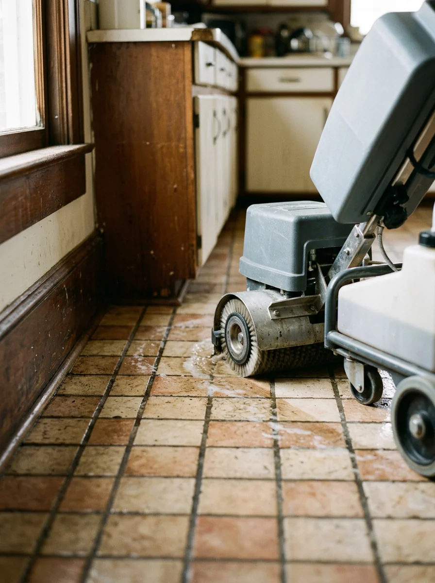Tile and grout cleaning in an older Lexington, NC kitchen, showing a professional cleaning tool working across heavily darkened grout lines between vintage ceramic floor tiles.