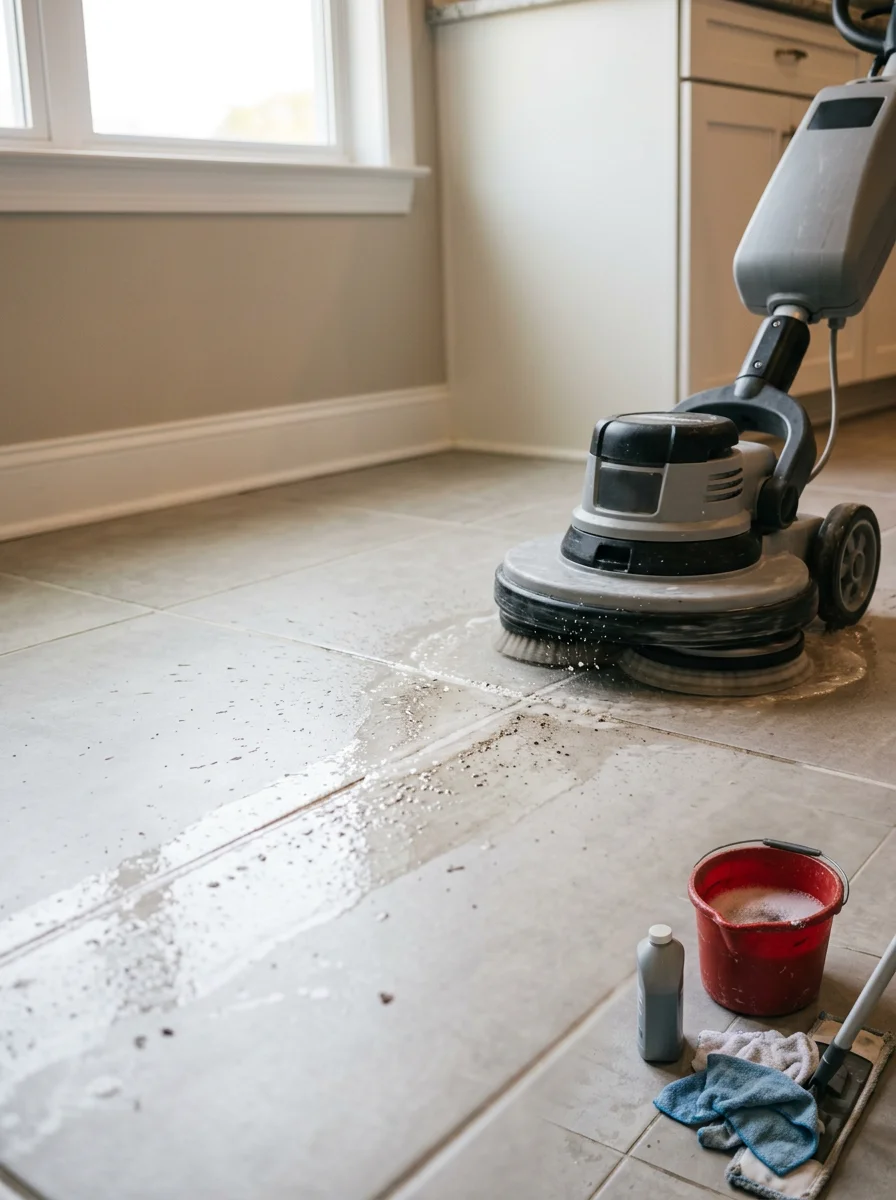 Tile and grout cleaning in a Summerfield, NC kitchen, showing a rotary cleaning tool working across grout lines between large-format ceramic floor tiles in a newer home.