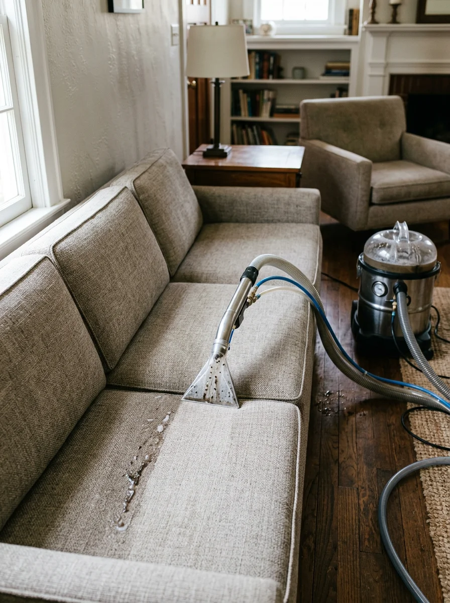 Upholstery cleaning in progress on a fabric sofa in a Thomasville, NC home, with a cleaning wand working across the cushion surface and a portable extraction unit nearby.
