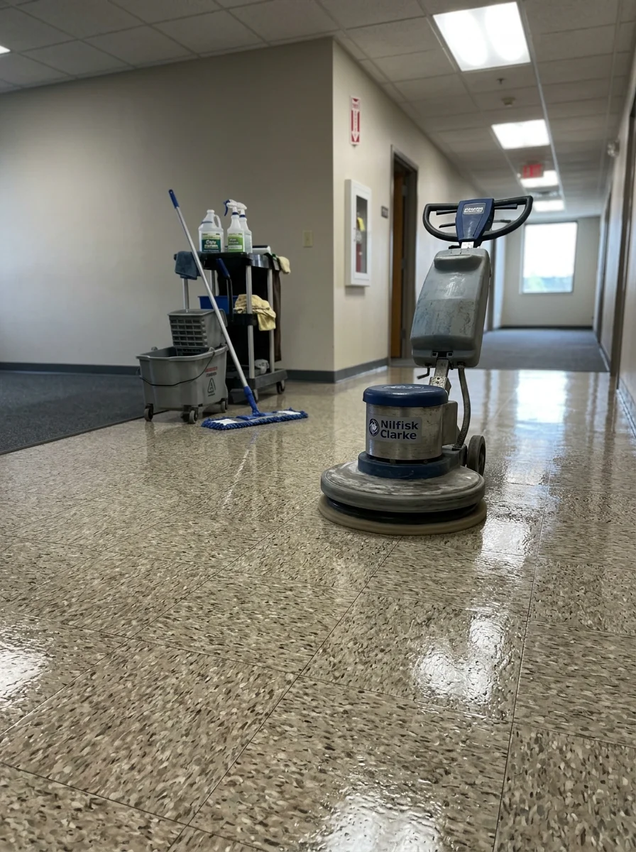 Strip and wax floor service in progress in a Winston-Salem, NC commercial space, showing a floor machine applying fresh wax to a vinyl composition tile floor under fluorescent lighting.