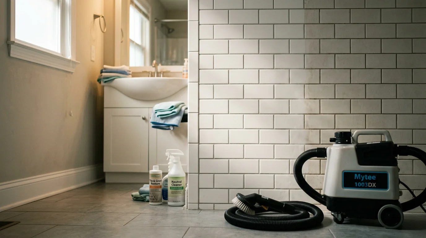 A clean bathroom in a High Point, NC home showing bright white tile and restored grout lines on the shower wall and floor after professional cleaning. The tile surface is free of soap scum and discoloration.