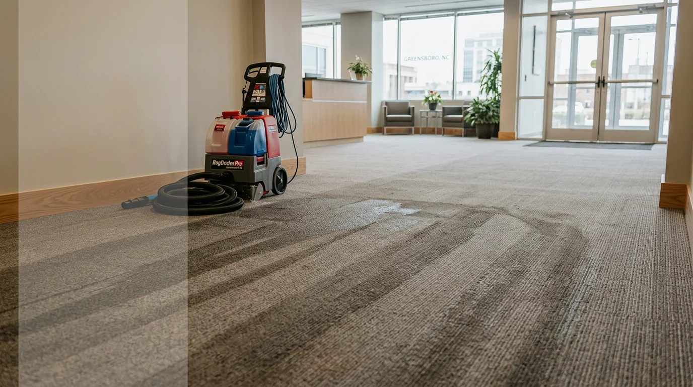 A commercial office carpet in High Point, NC being cleaned with professional extraction equipment, showing a clear contrast between the cleaned section and the soiled traffic-lane area. The setting is a carpeted open-plan workspace typical of Triad-area business properties.
