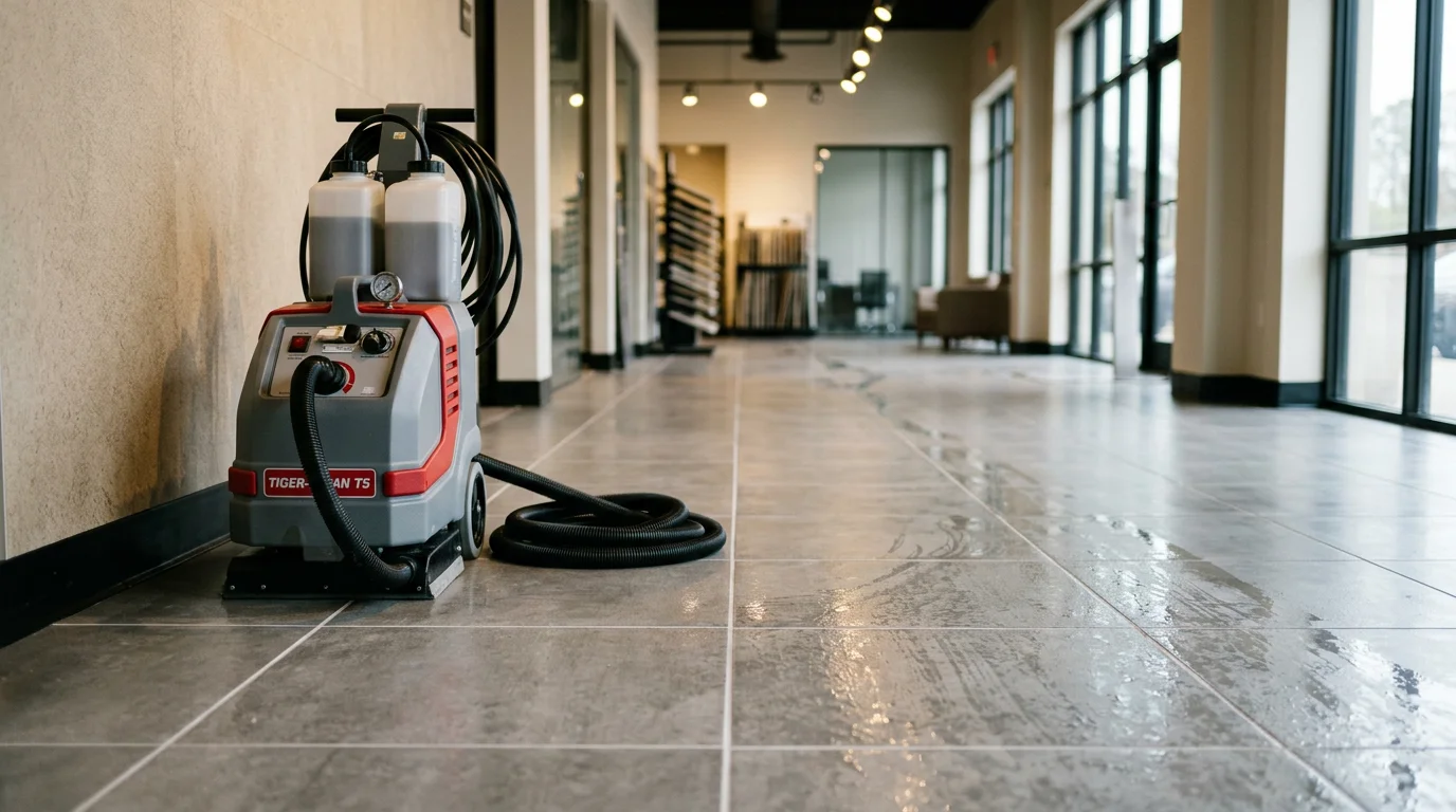 Commercial tile floor in a High Point business facility showing clean, restored tile and grout lines after professional cleaning by On The Spot Carpet Cleaning. The floor surface appears free of discoloration and embedded grime across a wide open commercial space.