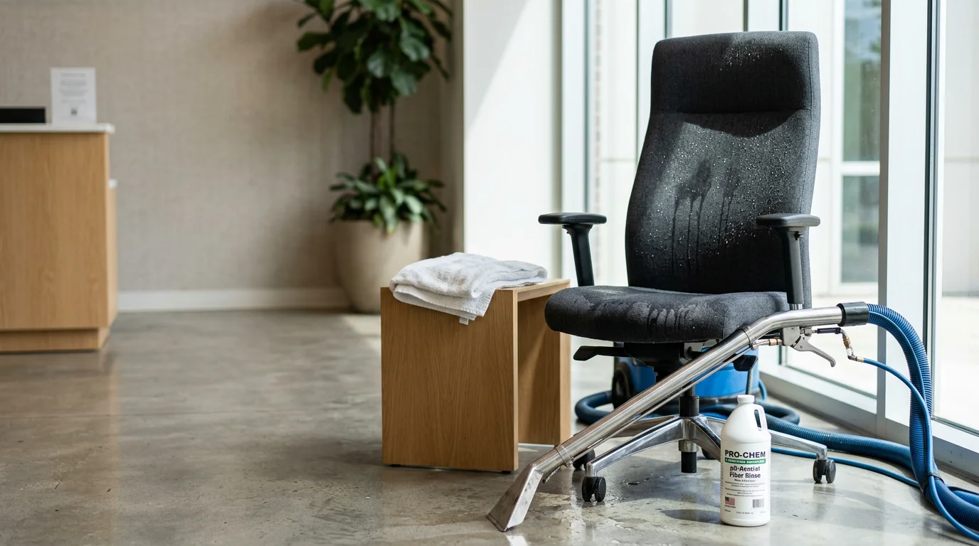 Commercial office chairs and lobby seating being professionally cleaned in a High Point, NC business space. Close-up shows fabric upholstery restored to a clean, presentable condition after deep cleaning service.