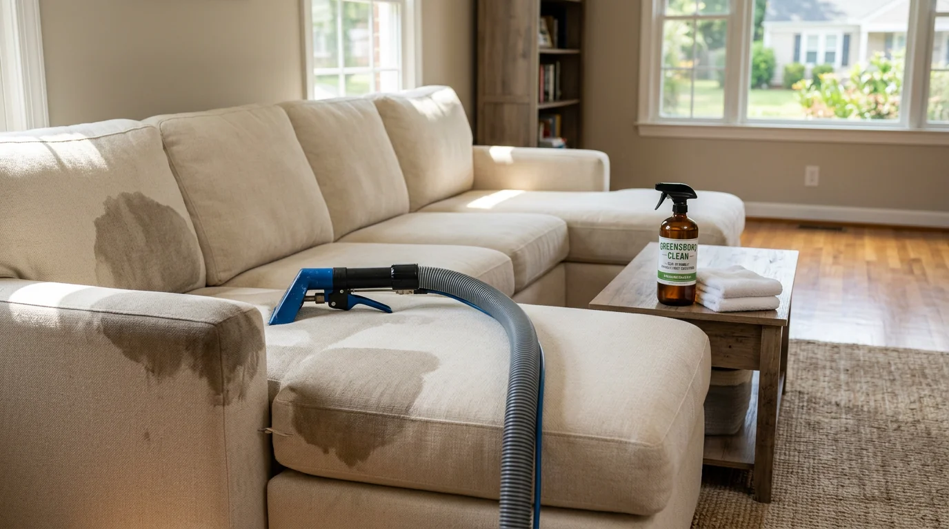 A clean fabric couch in a High Point, NC living room after professional couch cleaning by On The Spot Carpet Cleaning. The cushions show restored color and no visible staining or soiling.