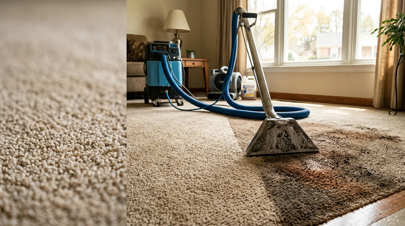 A freshly deep-cleaned carpet in a High Point home showing restored color and texture after professional cleaning. A technician from On The Spot Carpet Cleaning works on a high-traffic living room area in the Piedmont Triad.