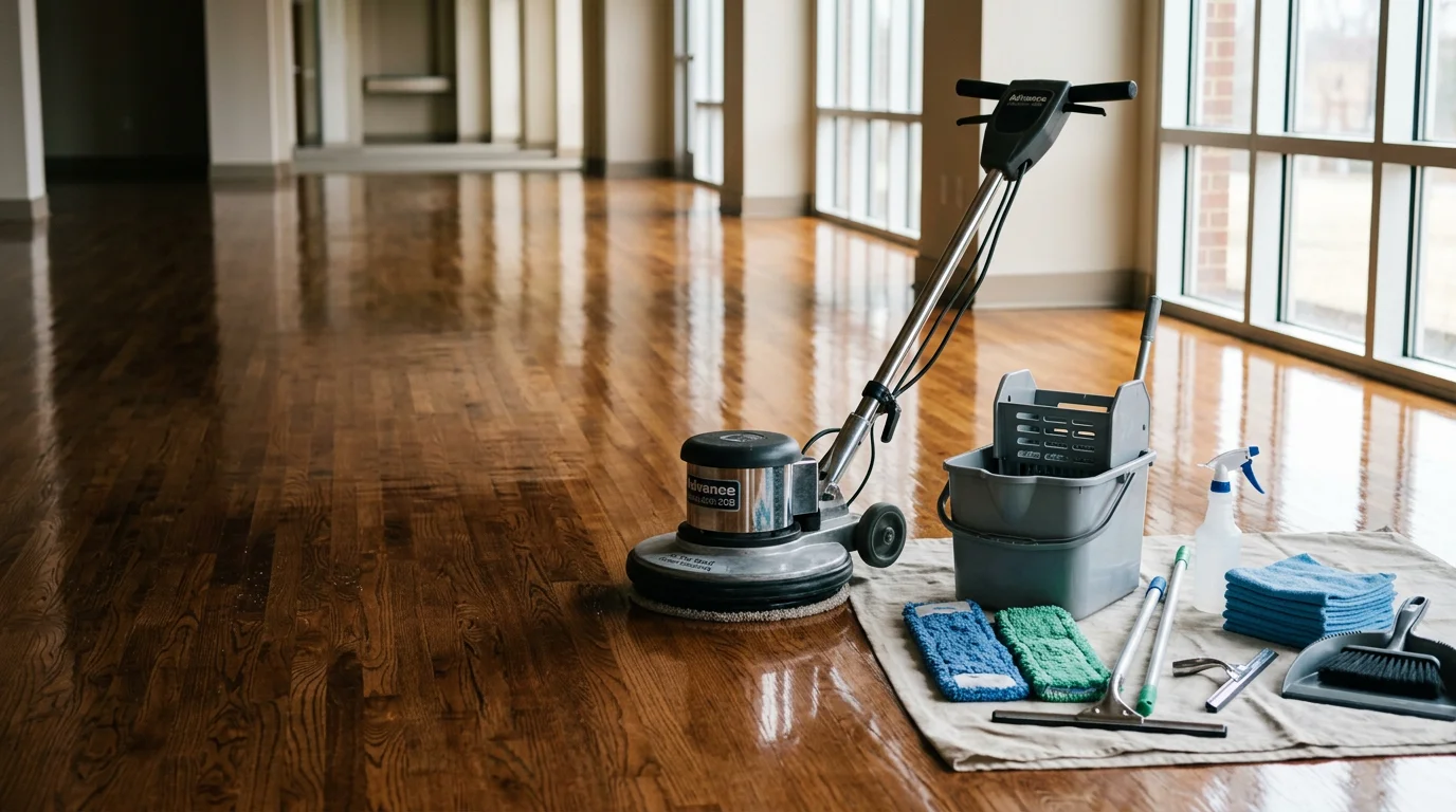 A freshly waxed hard floor inside a High Point commercial space, reflecting overhead lighting with a smooth, even shine. A cleaning professional from On The Spot Carpet Cleaning applies a final wax coat to the surface.
