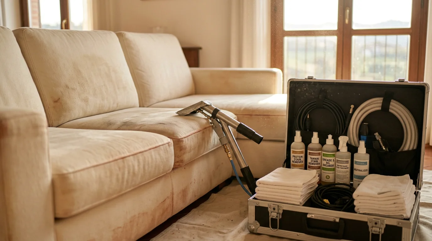 A professional stain removal technician treating a dark upholstery stain on a fabric sofa in a High Point, NC home. The before-and-after contrast shows the stained area being cleaned with professional equipment.