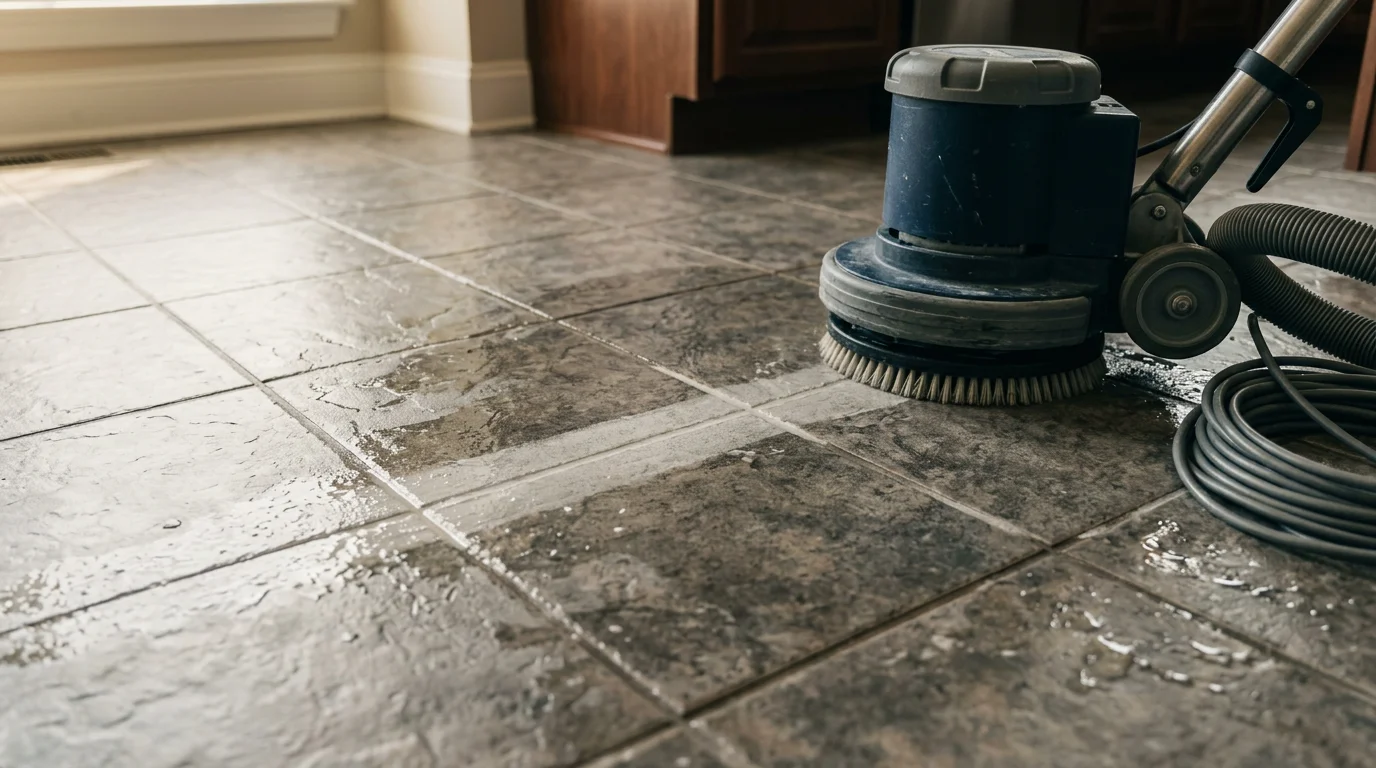 Close-up view of freshly cleaned white grout lines between floor tiles in a High Point, NC home, showing the contrast between restored and dirty grout sections.
