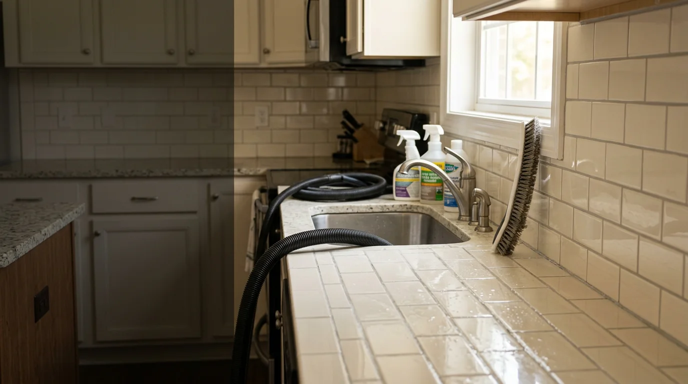 Close-up of clean kitchen floor tile and bright grout lines in a High Point, NC home after professional kitchen tile cleaning by On The Spot Carpet Cleaning. The tile surface is free of grease buildup and the grout lines are visibly lighter and uniform in color.
