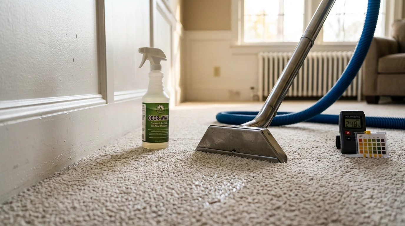 A carpet in a High Point home after professional odor removal treatment, showing clean fibers with no visible staining or residue. A technician from On The Spot Carpet Cleaning works on the carpet in a well-lit residential room.