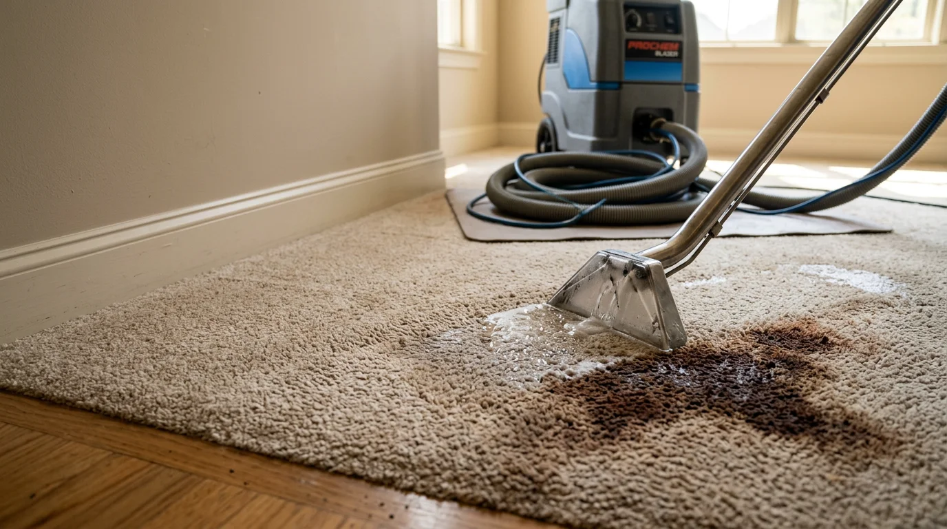 A carpet in a High Point home showing a visibly clean area where a dark stain has been professionally removed, with surrounding fibers restored to their original color. The treated section blends evenly with the rest of the carpet in a well-lit residential room.