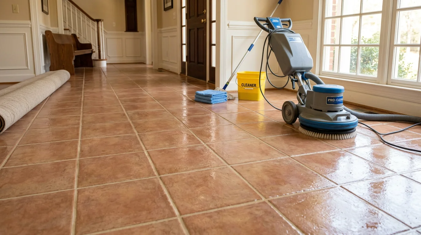 A professional tile cleaning service in progress on a residential floor in High Point, NC, showing clean tile surfaces in a home entryway. Before-and-after contrast visible on a dull, dirt-covered tile floor being restored to its original appearance.