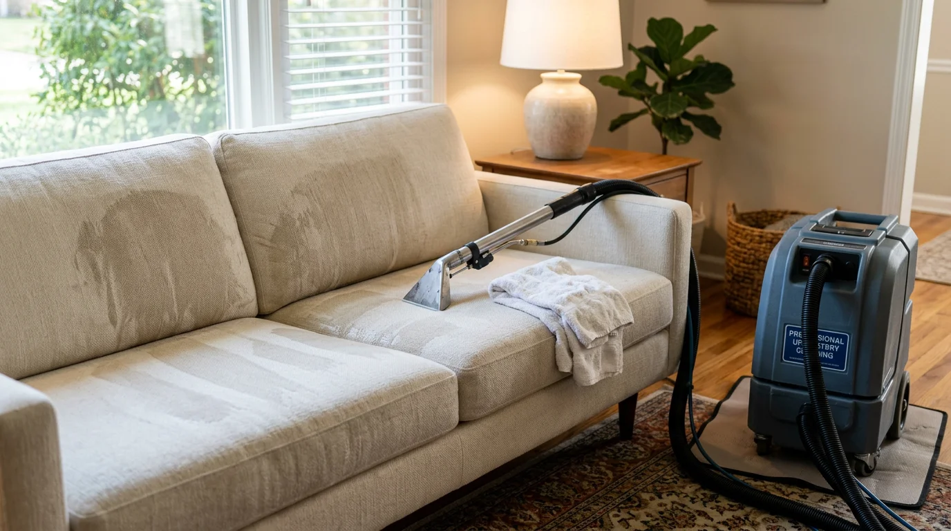 A clean, freshly cleaned upholstered sofa in a High Point, NC living room, showing restored fabric color and texture after professional upholstery cleaning by On The Spot Carpet Cleaning.