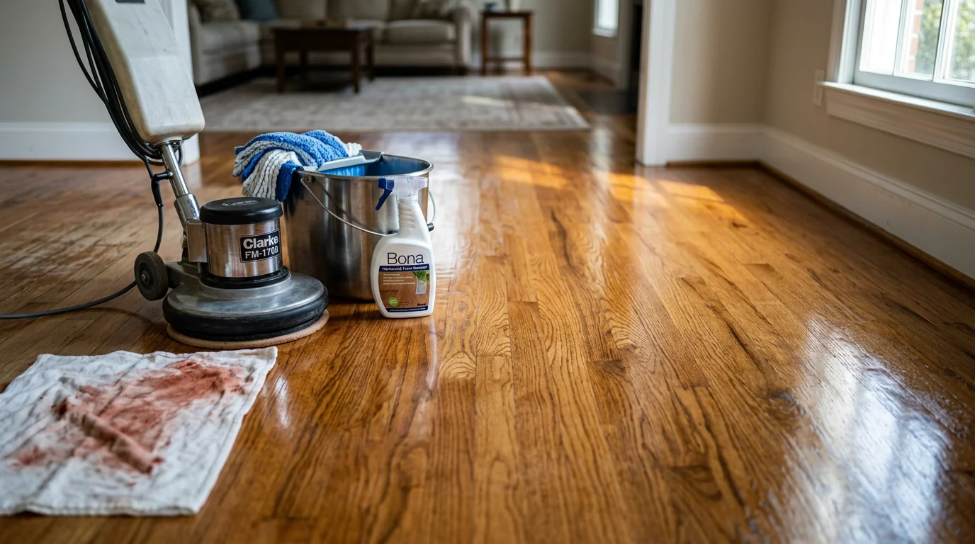 A professional cleaner working on hardwood floors inside a High Point, NC home, removing built-up soil and restoring the natural wood surface. The finished floor shows clean, clear wood grain free of grime and residue.